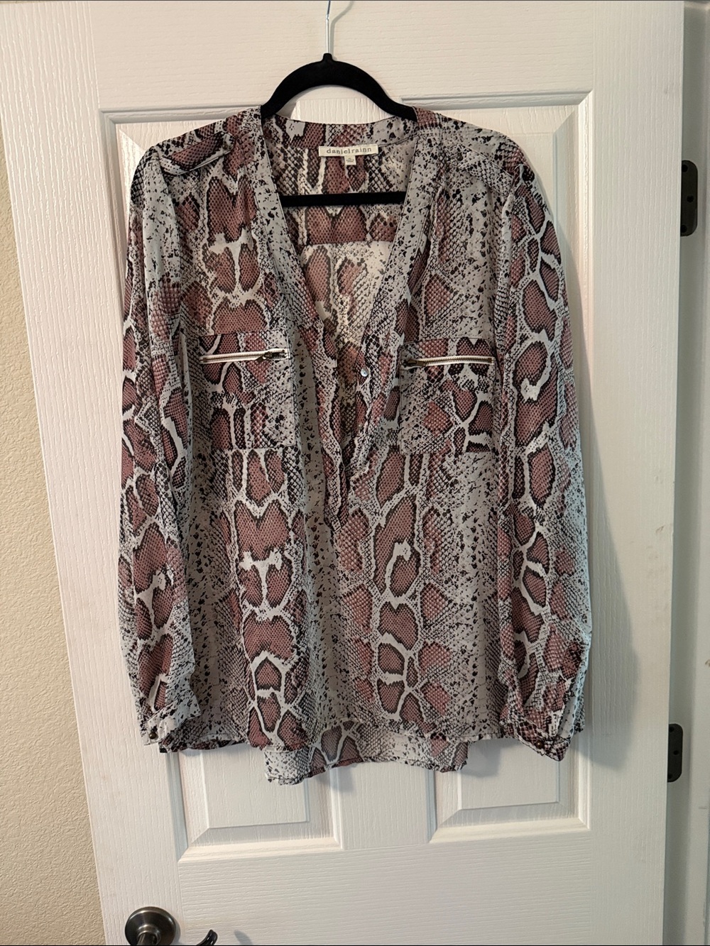 Daniel Rainn Blush and Ivory Snake-Print V-Neck Blouse